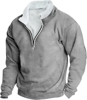 Men Sherpa Lined Fleece T Shirts Simple Solid Color Shirt 1/4 Zipper Loose Long Sleeve Warm Casual Tops