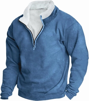 Men Sherpa Lined Fleece T Shirts Simple Solid Color Shirt 1/4 Zipper Loose Long Sleeve Warm Casual Tops