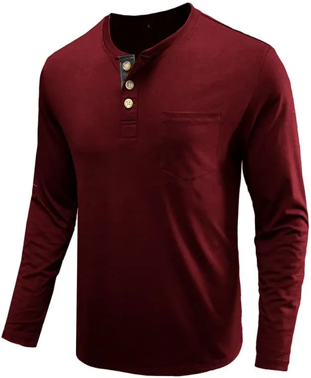 Men's 1/4 Button Comfy Long Sleeve Cotton Tops Casual Simple Solid Color Tee Shirts Lightweight Shirt with Pocket