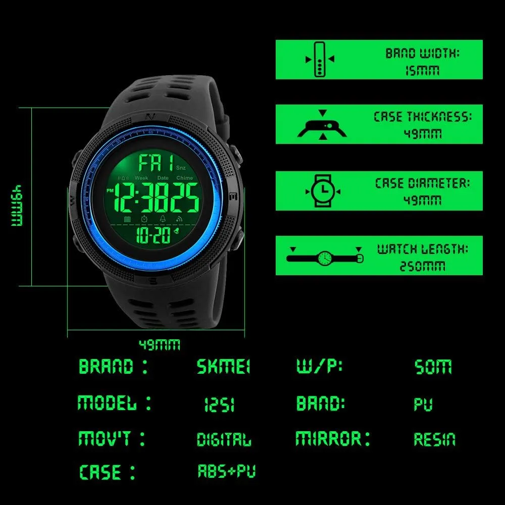 Men's Digital Sports Watch Waterproof Military Stopwatch Countdown Auto Date Alarm