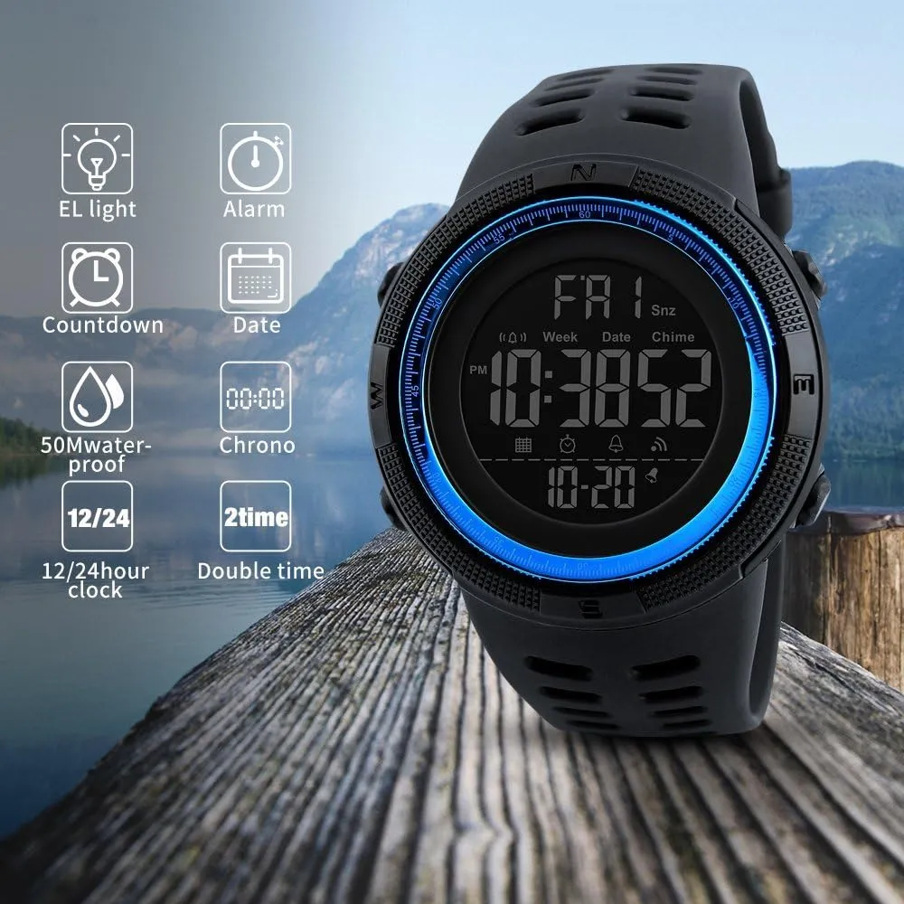 Men's Digital Sports Watch Waterproof Military Stopwatch Countdown Auto Date Alarm
