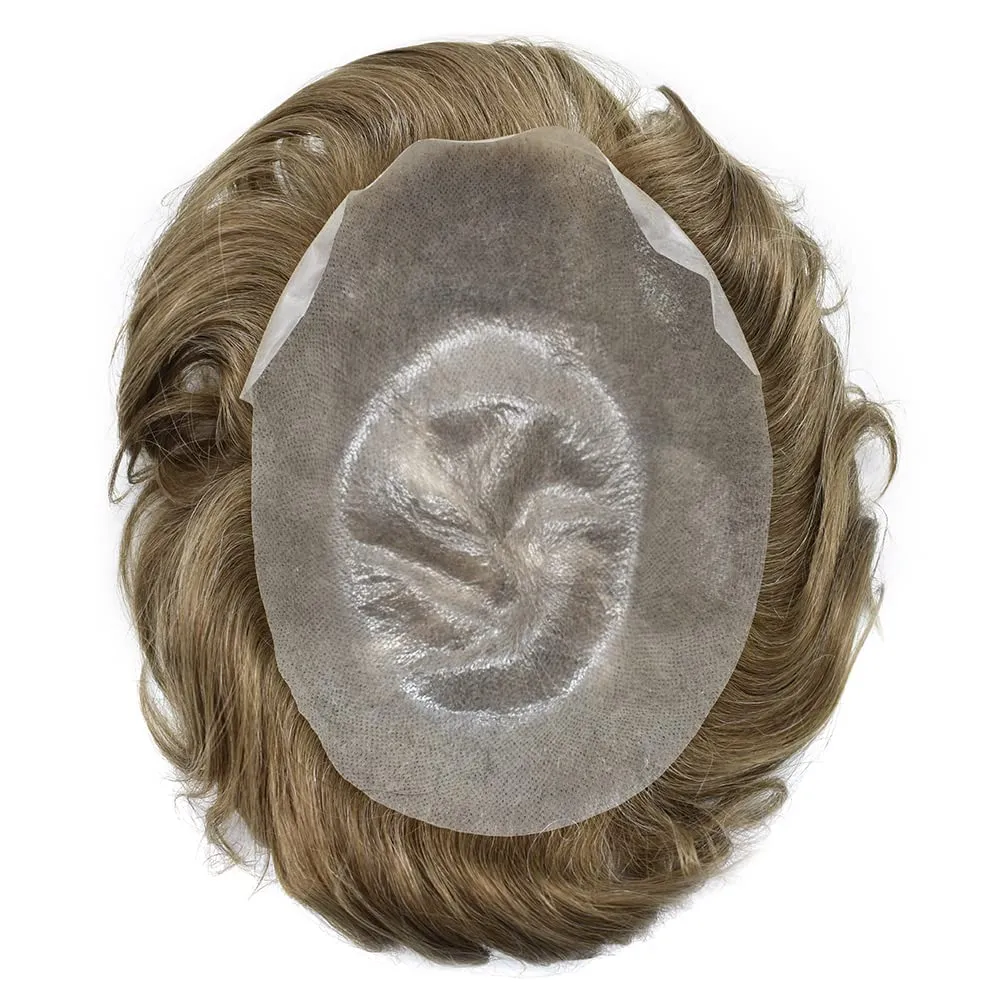 Mens Hair System Ultra Thin Skin Toupee For Men Transparent Super Thin Poly V-Looped Hair Piece For Men Toupee Protesis Capilar Para Hombre8x10#1730#17 DARK ASH BLONDE 30%GREY 90%Light density