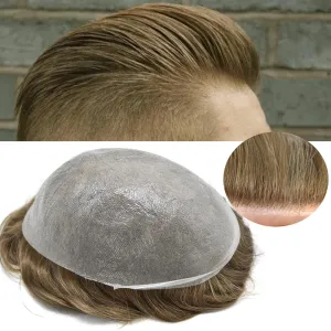 Mens Hair System Ultra Thin Skin Toupee For Men Transparent Super Thin Poly V-Looped Hair Piece For Men Toupee Protesis Capilar Para Hombre8x10#1730#17 DARK ASH BLONDE 30%GREY 90%Light density