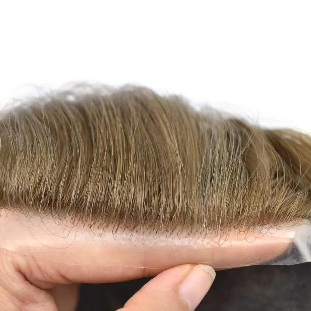 Mens Hair System Ultra Thin Skin Toupee For Men Transparent Super Thin Poly V-Looped Hair Piece For Men Toupee Protesis Capilar Para Hombre8x10#1730#17 DARK ASH BLONDE 30%GREY 90%Light density