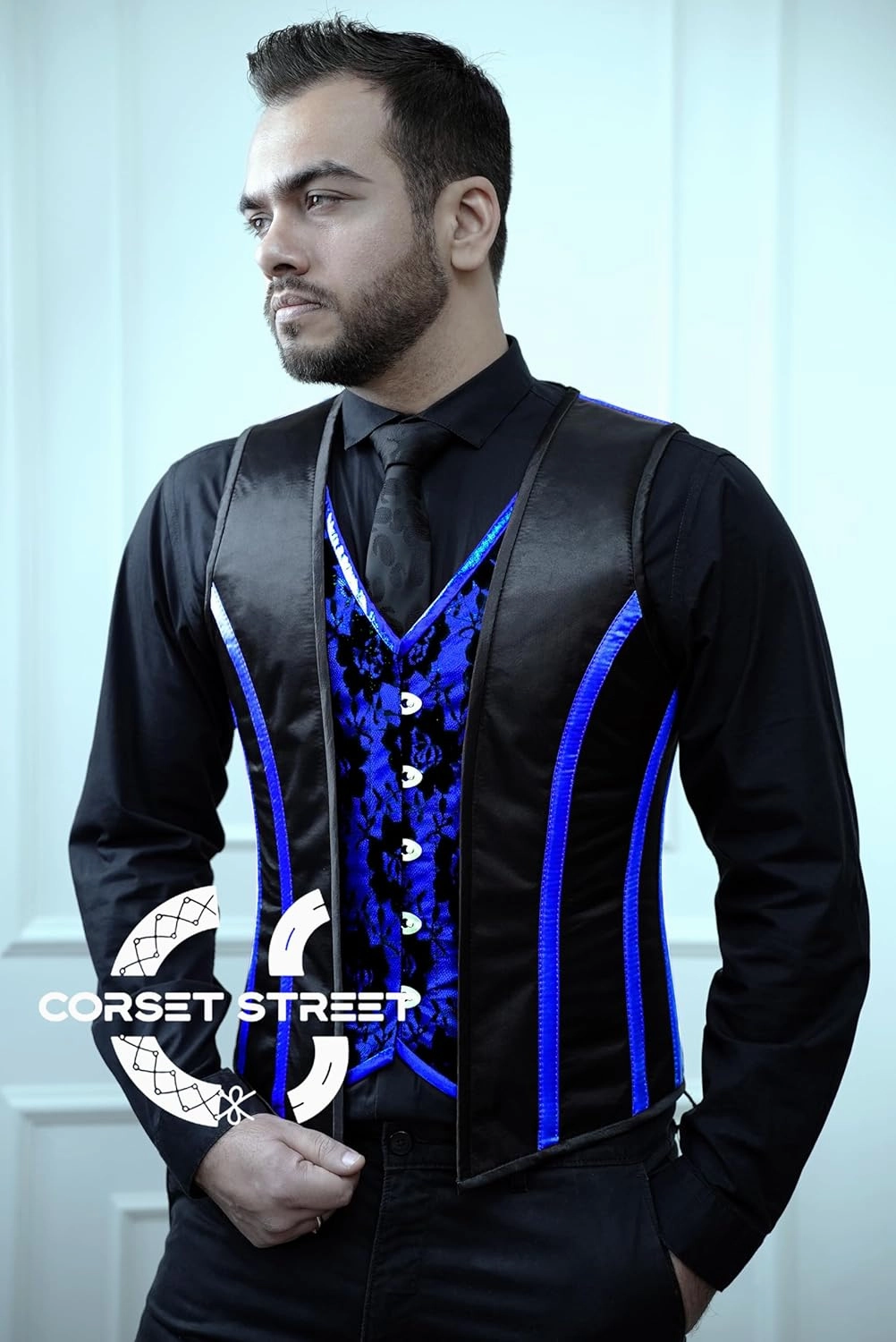 Mens Royal Satin Blue And Black Authentic Steel Boned Men's Corset Vest Shaping Tops