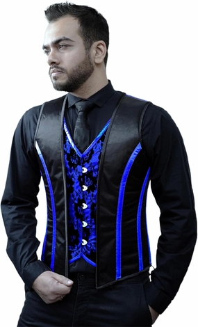 Mens Royal Satin Blue And Black Authentic Steel Boned Men's Corset Vest Shaping Tops