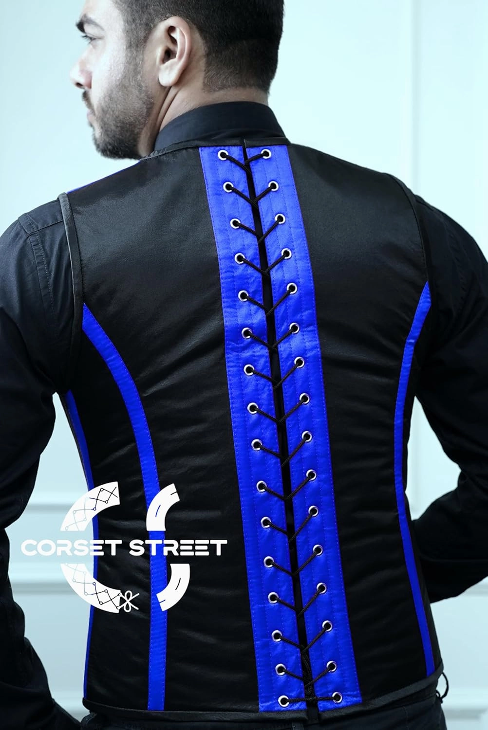 Mens Royal Satin Blue And Black Authentic Steel Boned Men's Corset Vest Shaping Tops