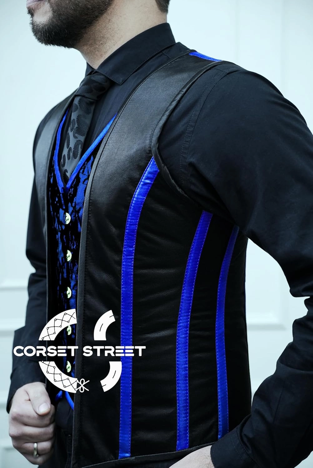 Mens Royal Satin Blue And Black Authentic Steel Boned Men's Corset Vest Shaping Tops