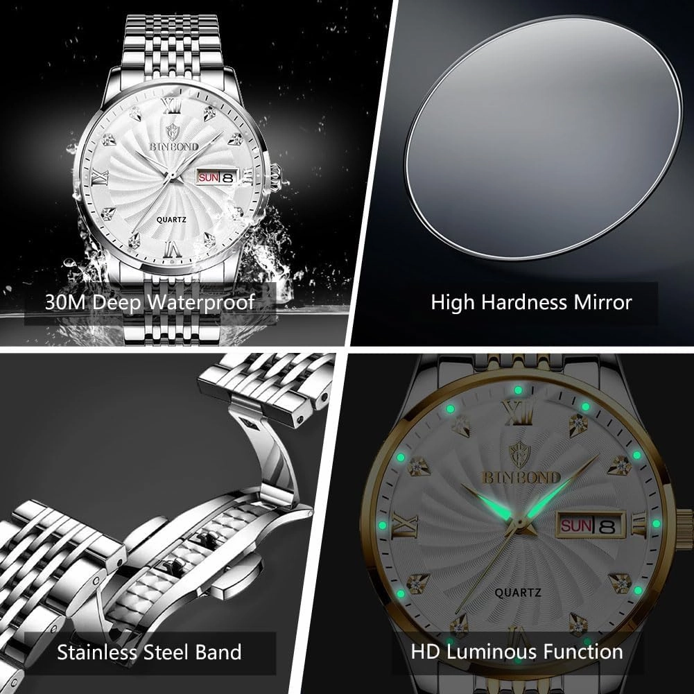 Mens Watches Stainless Steel Classic Luxury Diamond Business Dress with Date Wrist Watch for Men Waterproof Luminous
