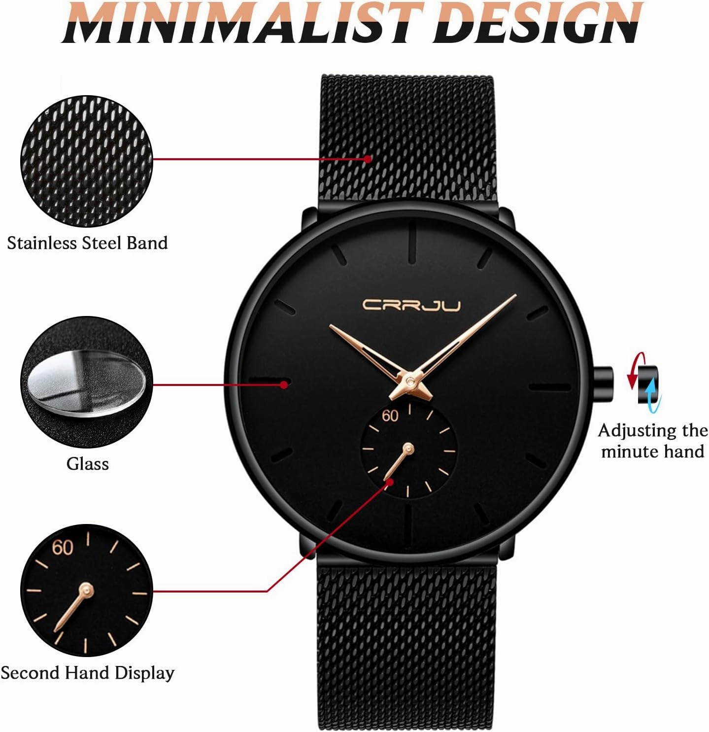 Mens Watches Ultra-Thin Minimalist Waterproof - Fashion Wrist Watch for Men Unisex Dress with Stainless Steel Mesh Band