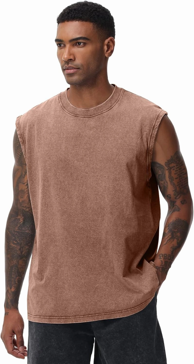 Mens Workout Tank Tops Sleeveless Tee Shirts Men Muscle Shirt Gym Acid Wash T Shirts Running Beach Loose Fit Tee