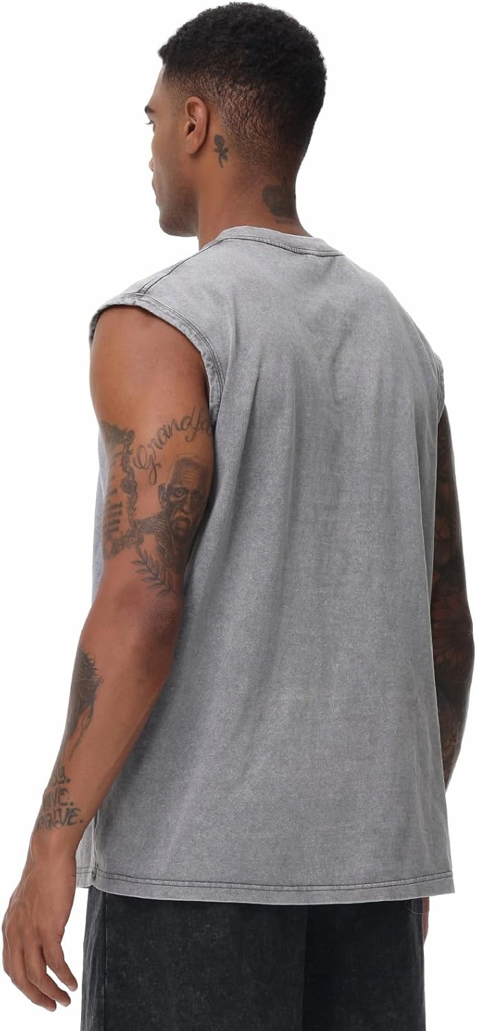 Mens Workout Tank Tops Sleeveless Tee Shirts Men Muscle Shirt Gym Acid Wash T Shirts Running Beach Loose Fit Tee
