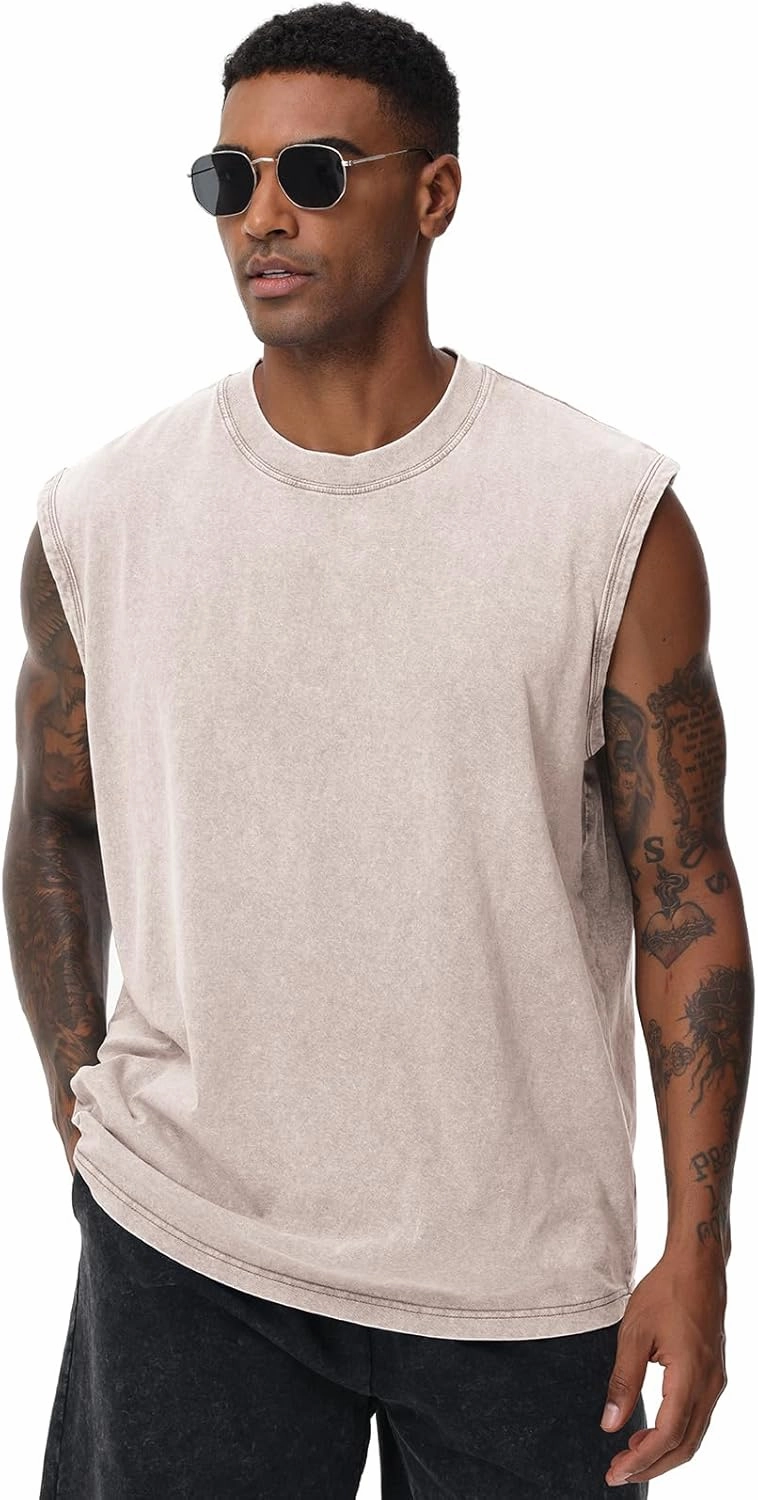 Mens Workout Tank Tops Sleeveless Tee Shirts Men Muscle Shirt Gym Acid Wash T Shirts Running Beach Loose Fit Tee