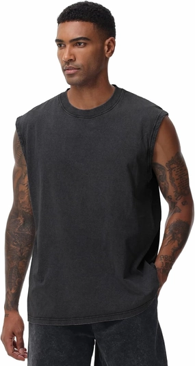 Mens Workout Tank Tops Sleeveless Tee Shirts Men Muscle Shirt Gym Acid Wash T Shirts Running Beach Loose Fit Tee
