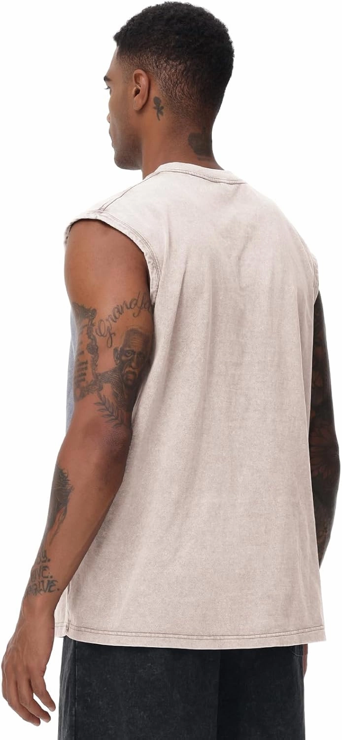 Mens Workout Tank Tops Sleeveless Tee Shirts Men Muscle Shirt Gym Acid Wash T Shirts Running Beach Loose Fit Tee