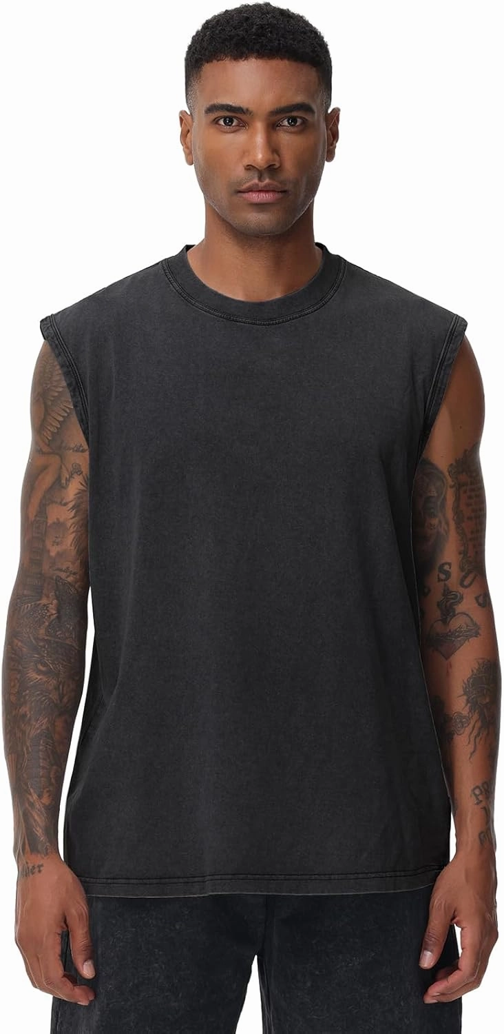 Mens Workout Tank Tops Sleeveless Tee Shirts Men Muscle Shirt Gym Acid Wash T Shirts Running Beach Loose Fit Tee
