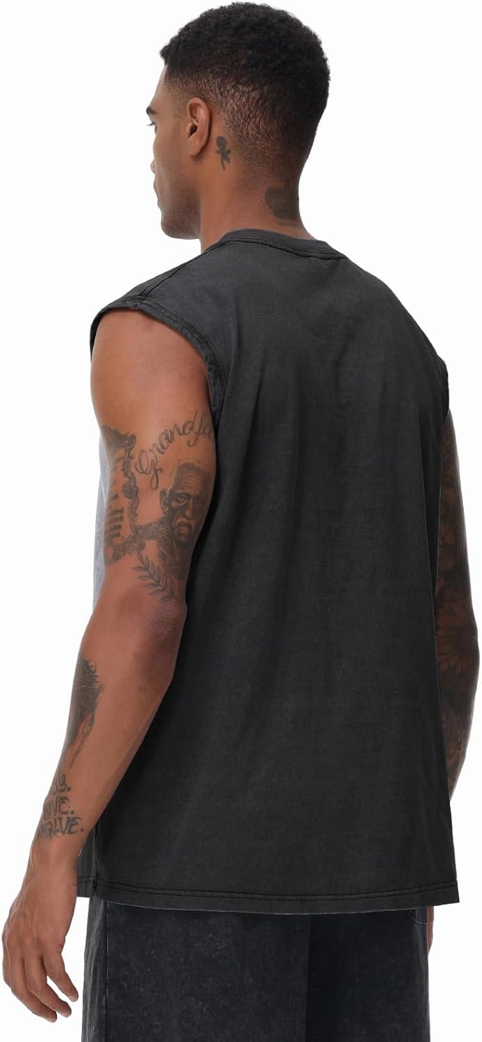Mens Workout Tank Tops Sleeveless Tee Shirts Men Muscle Shirt Gym Acid Wash T Shirts Running Beach Loose Fit Tee