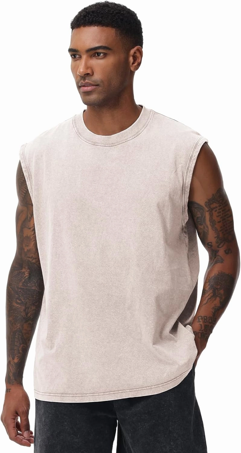 Mens Workout Tank Tops Sleeveless Tee Shirts Men Muscle Shirt Gym Acid Wash T Shirts Running Beach Loose Fit Tee