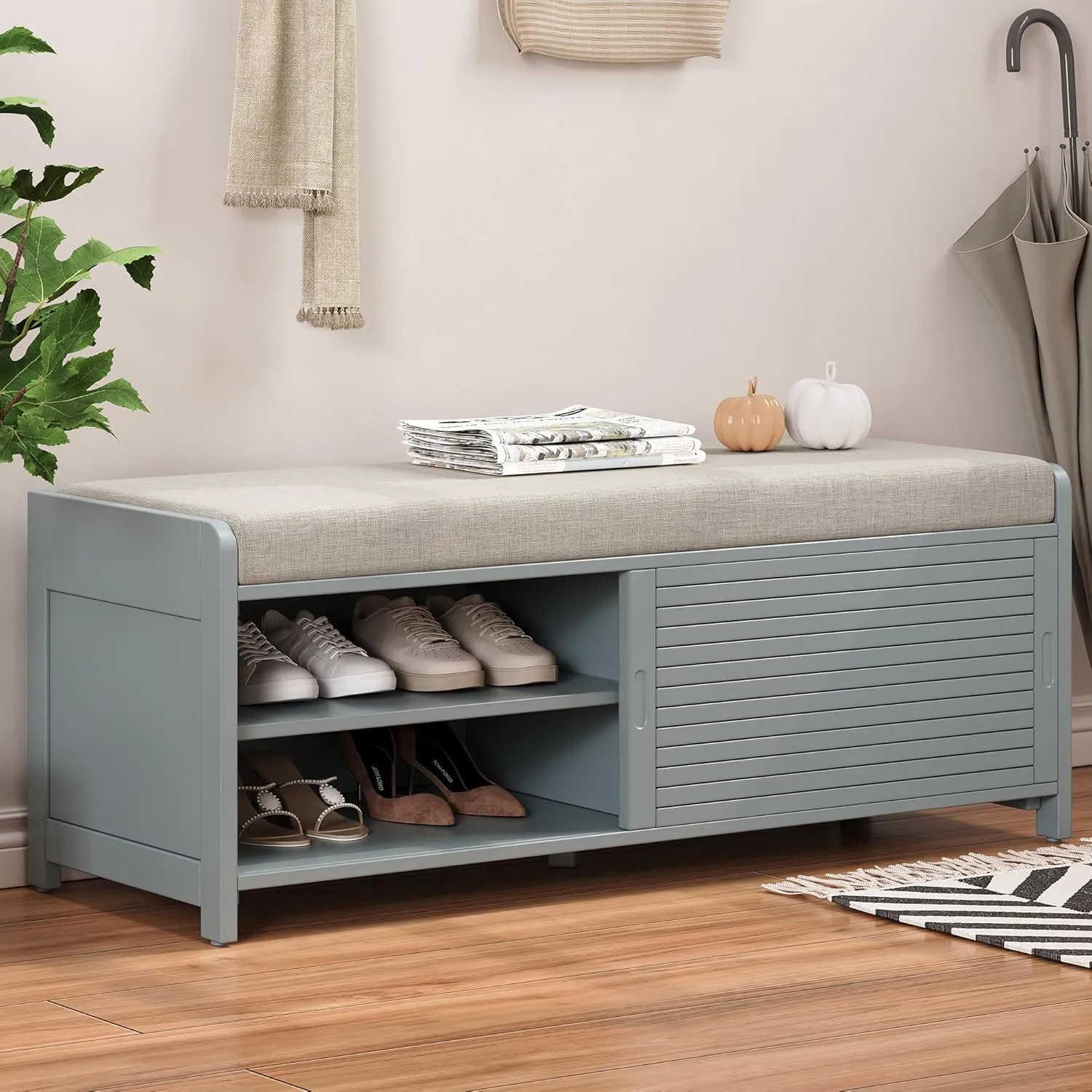 Merax Multipurpose Entryway Storage Bench with Shutter Doors, 43.3" Wooden Shoe Organizer with Upholstered Seat for Entryway, Hallway and Living Room