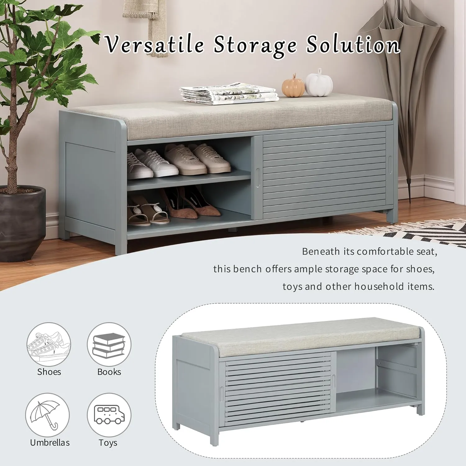 Merax Multipurpose Entryway Storage Bench with Shutter Doors, 43.3" Wooden Shoe Organizer with Upholstered Seat for Entryway, Hallway and Living Room
