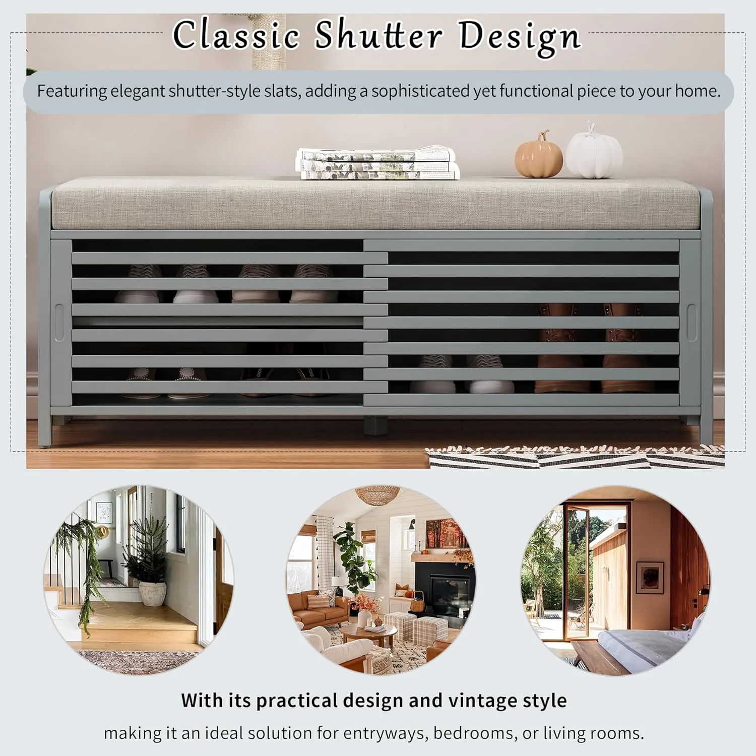 Merax Multipurpose Entryway Storage Bench with Shutter Doors, 43.3" Wooden Shoe Organizer with Upholstered Seat for Entryway, Hallway and Living Room