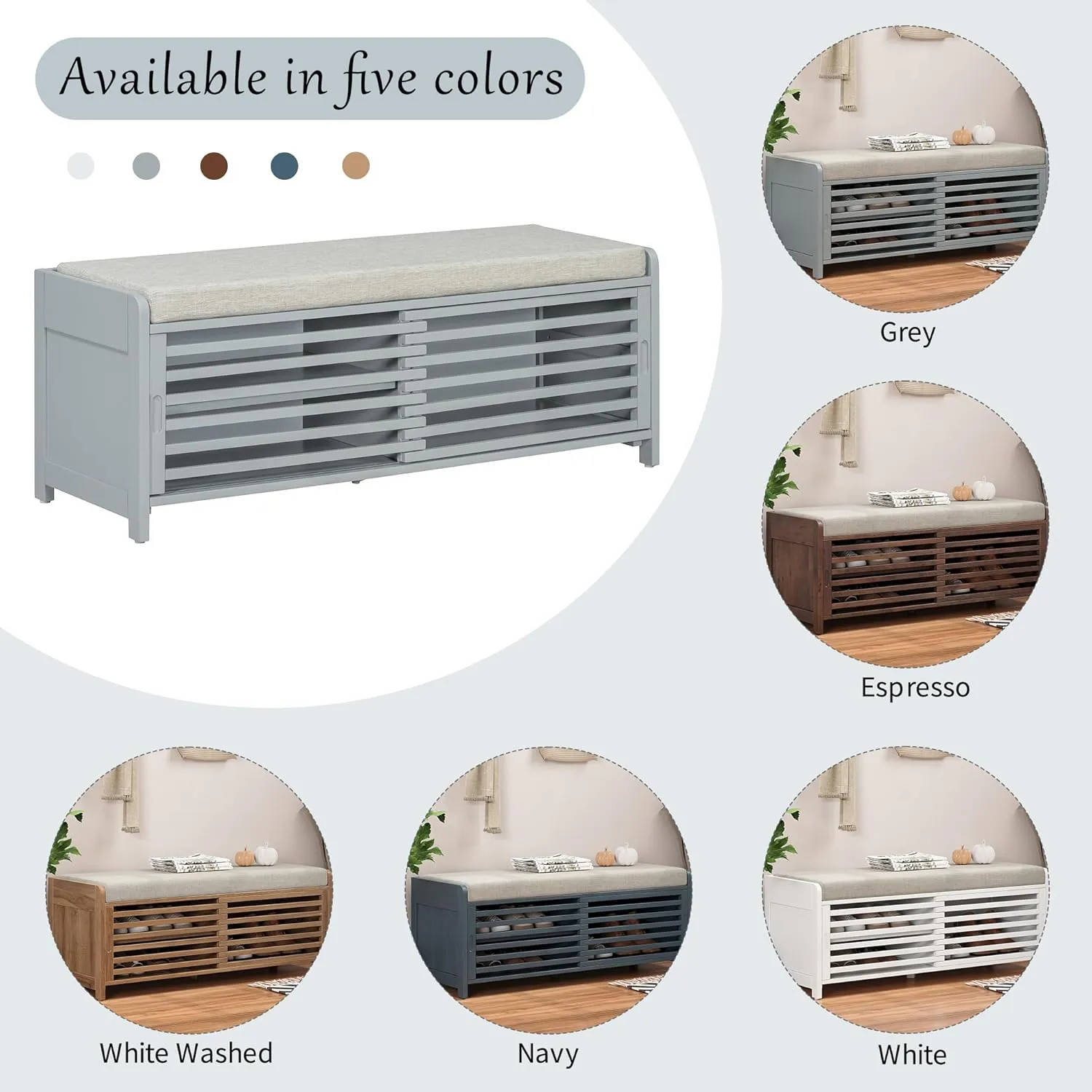 Merax Multipurpose Entryway Storage Bench with Shutter Doors, 43.3" Wooden Shoe Organizer with Upholstered Seat for Entryway, Hallway and Living Room