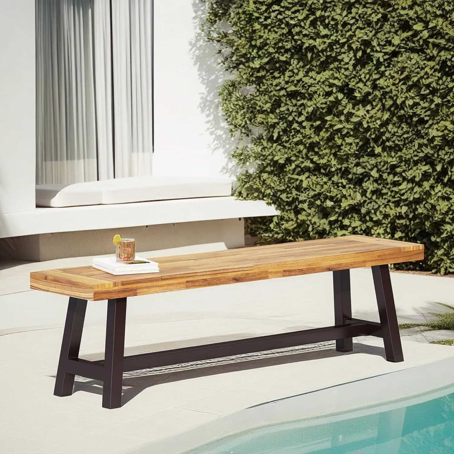 Merax Outdoor Acacia Wood Patio Bench, Garden Benches for Porch Park Yard Backyard Lawn, Brown Black