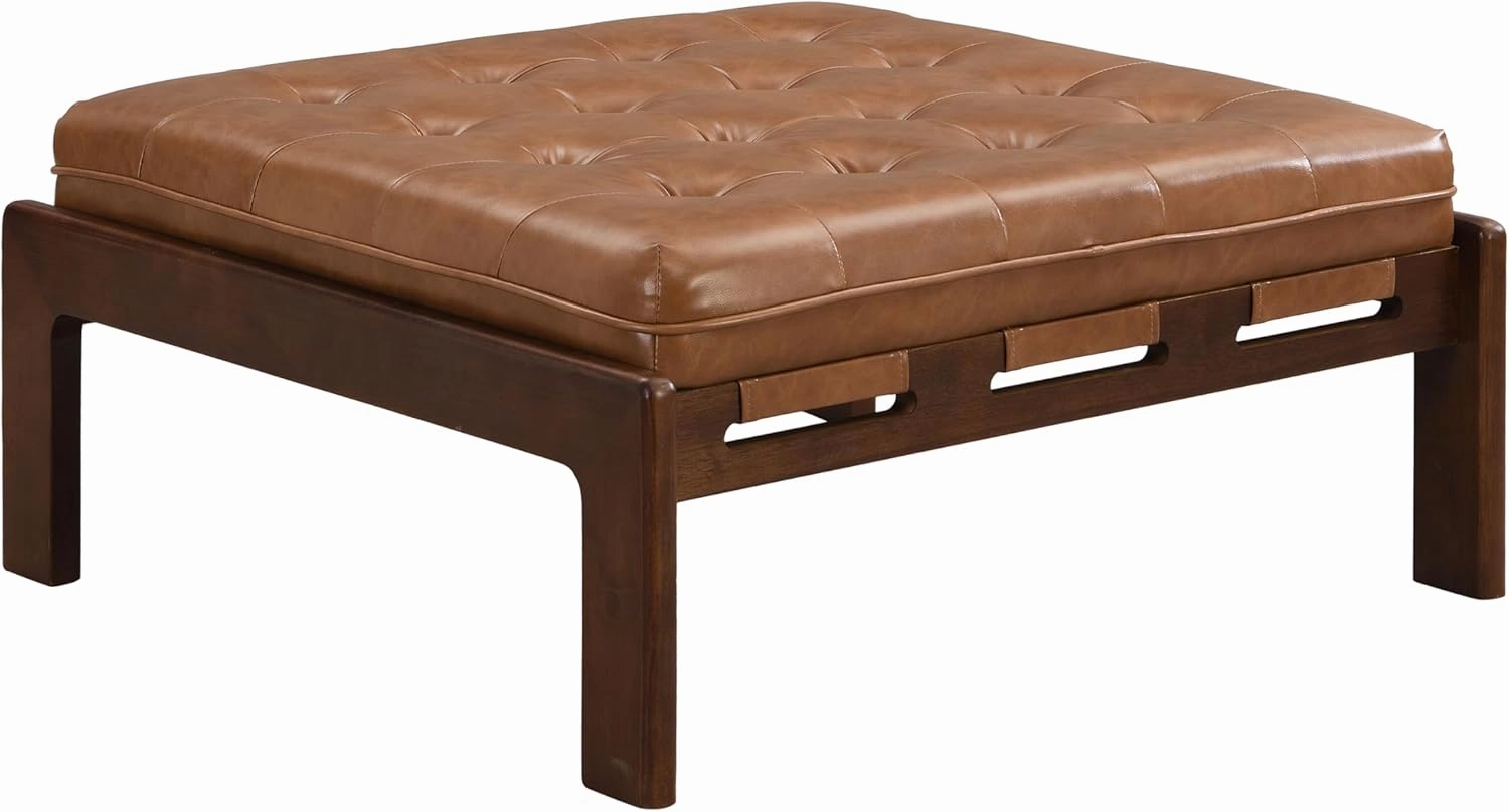 Merax 34'' Tufted Upholstered Cocktail Ottoman, Square Leather Ottoman Coffee Table, PU Leather Ottoman for Living Room, Bedroom, Office,Brown