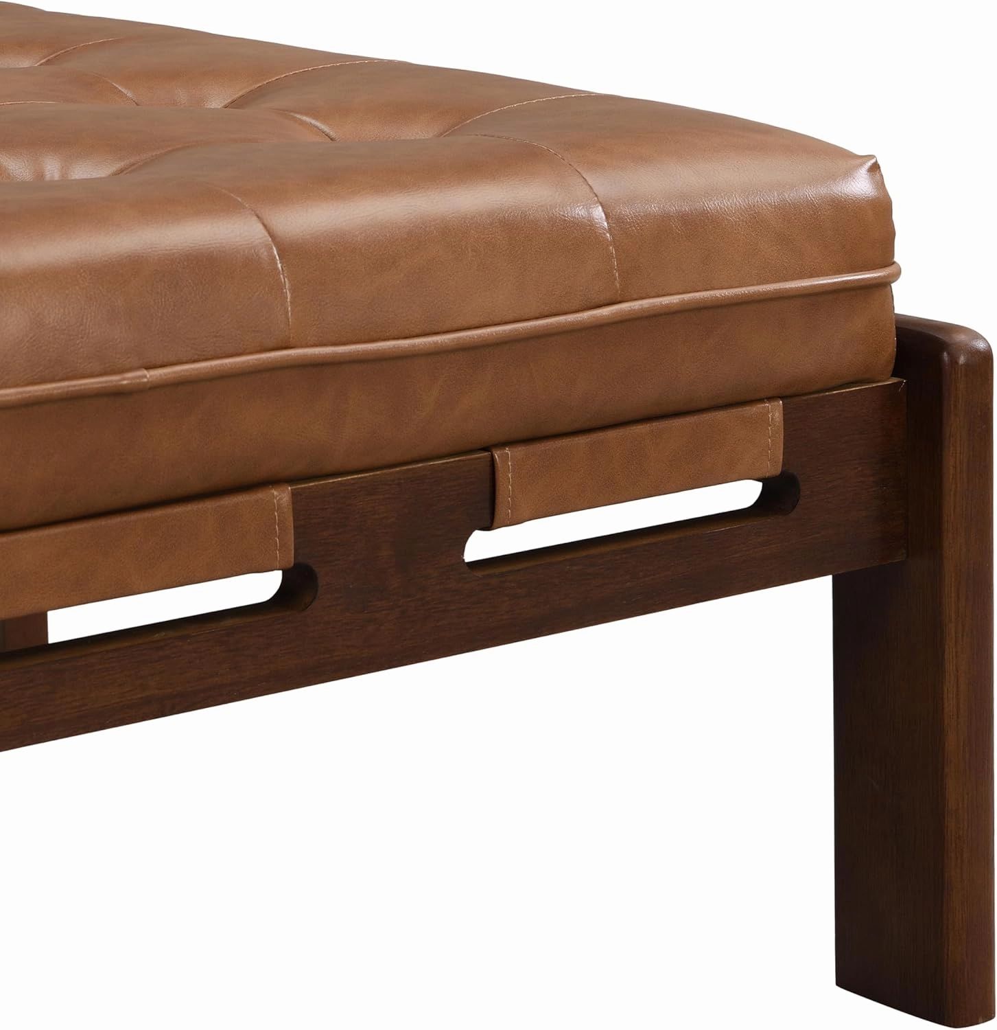 Merax 34'' Tufted Upholstered Cocktail Ottoman, Square Leather Ottoman Coffee Table, PU Leather Ottoman for Living Room, Bedroom, Office,Brown