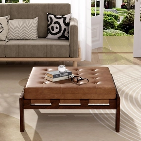 Merax 34'' Tufted Upholstered Cocktail Ottoman, Square Leather Ottoman Coffee Table, PU Leather Ottoman for Living Room, Bedroom, Office,Brown