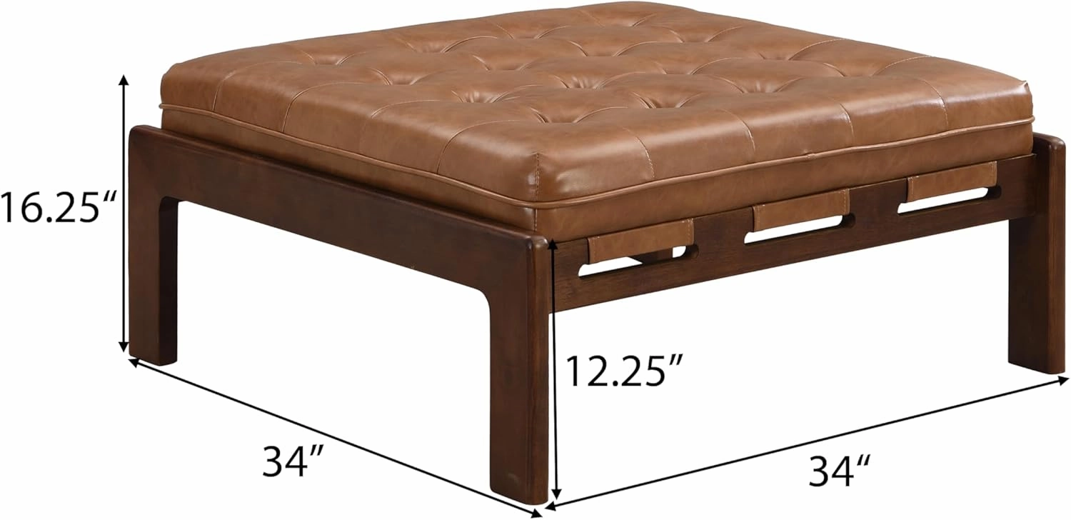 Merax 34'' Tufted Upholstered Cocktail Ottoman, Square Leather Ottoman Coffee Table, PU Leather Ottoman for Living Room, Bedroom, Office,Brown