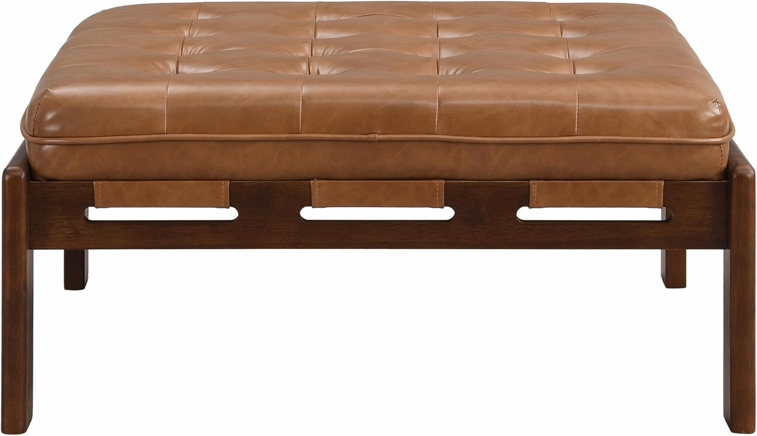 Merax 34'' Tufted Upholstered Cocktail Ottoman, Square Leather Ottoman Coffee Table, PU Leather Ottoman for Living Room, Bedroom, Office,Brown