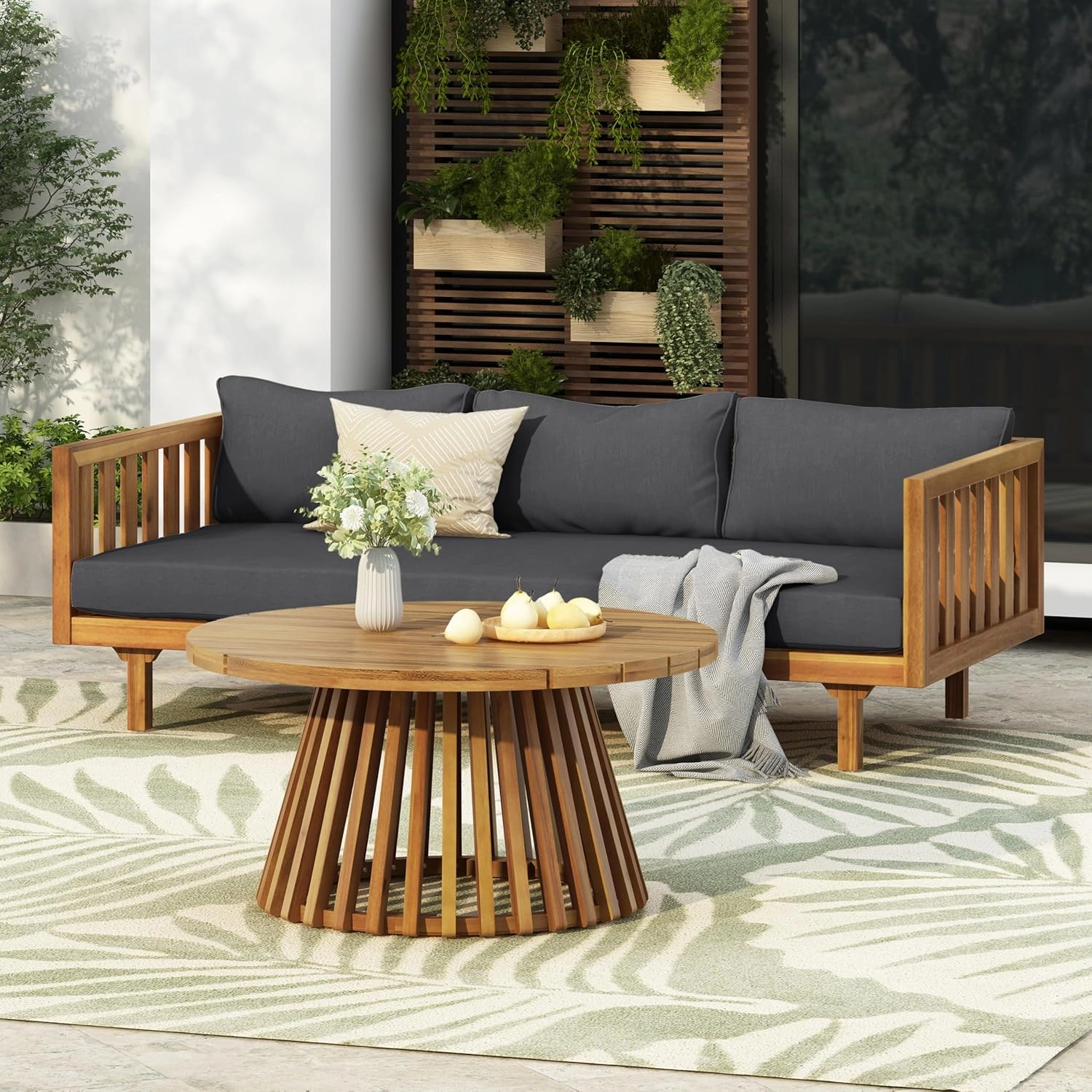 Merax Outdoor Acacia Wood Conversation Set, 3-Seat Loveseat Sofa w/Coushion and Coffetable for Backyard, Patio Furniture, Teak Dark Gray