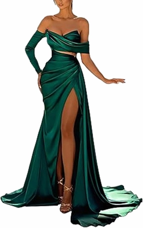 Mermaid/Trumpet Sexy Evening Prom Dress One Shoulder Court Train 3/4 Length Sleeve Formal Party Dress with Slit 2025