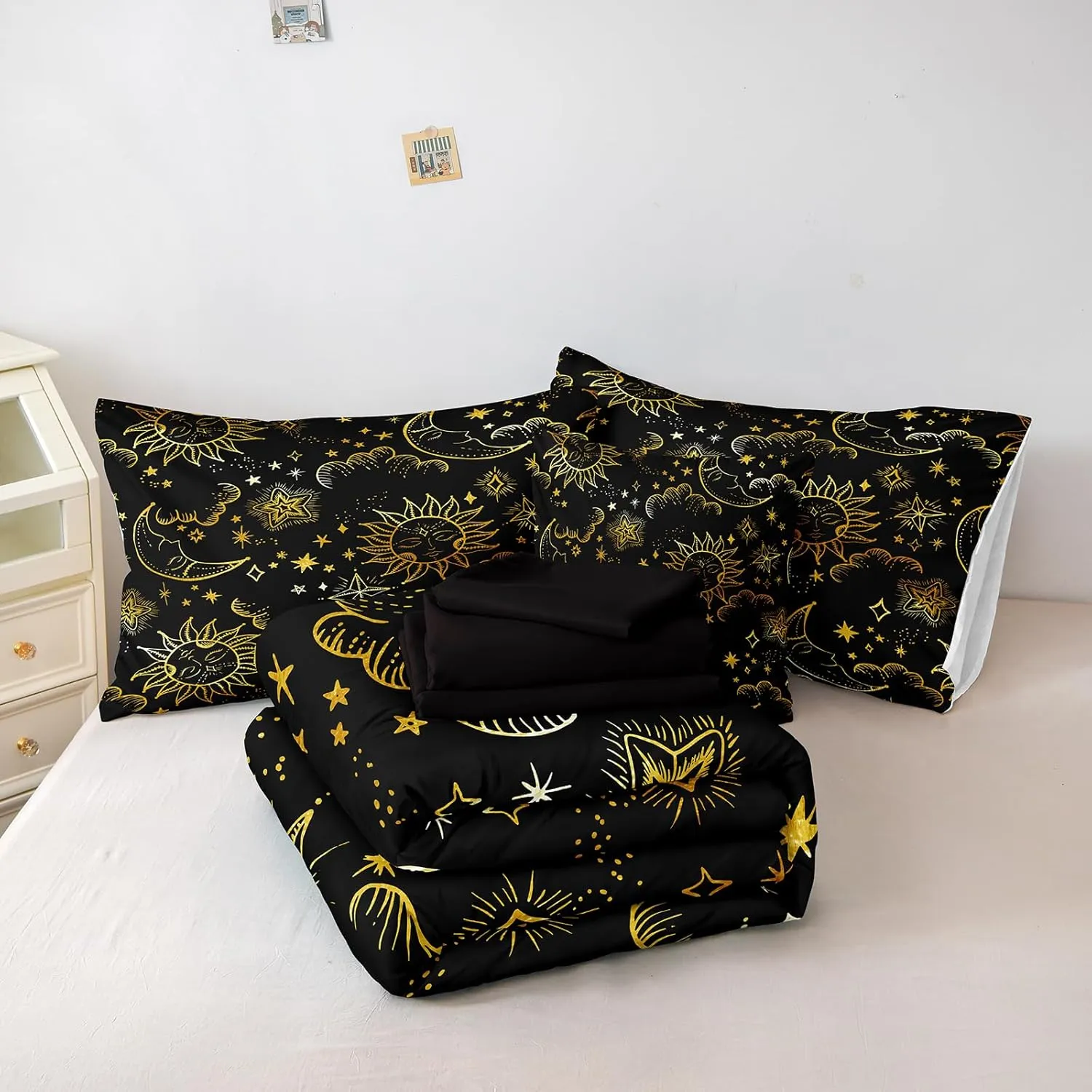 Merryword 8 Pcs Universe Bed in a Bag Sun and Moon Comforter Set King Size Galaxy Bedding Black Gold Moon Star Pattern Bohemian Gothic Comforter Set