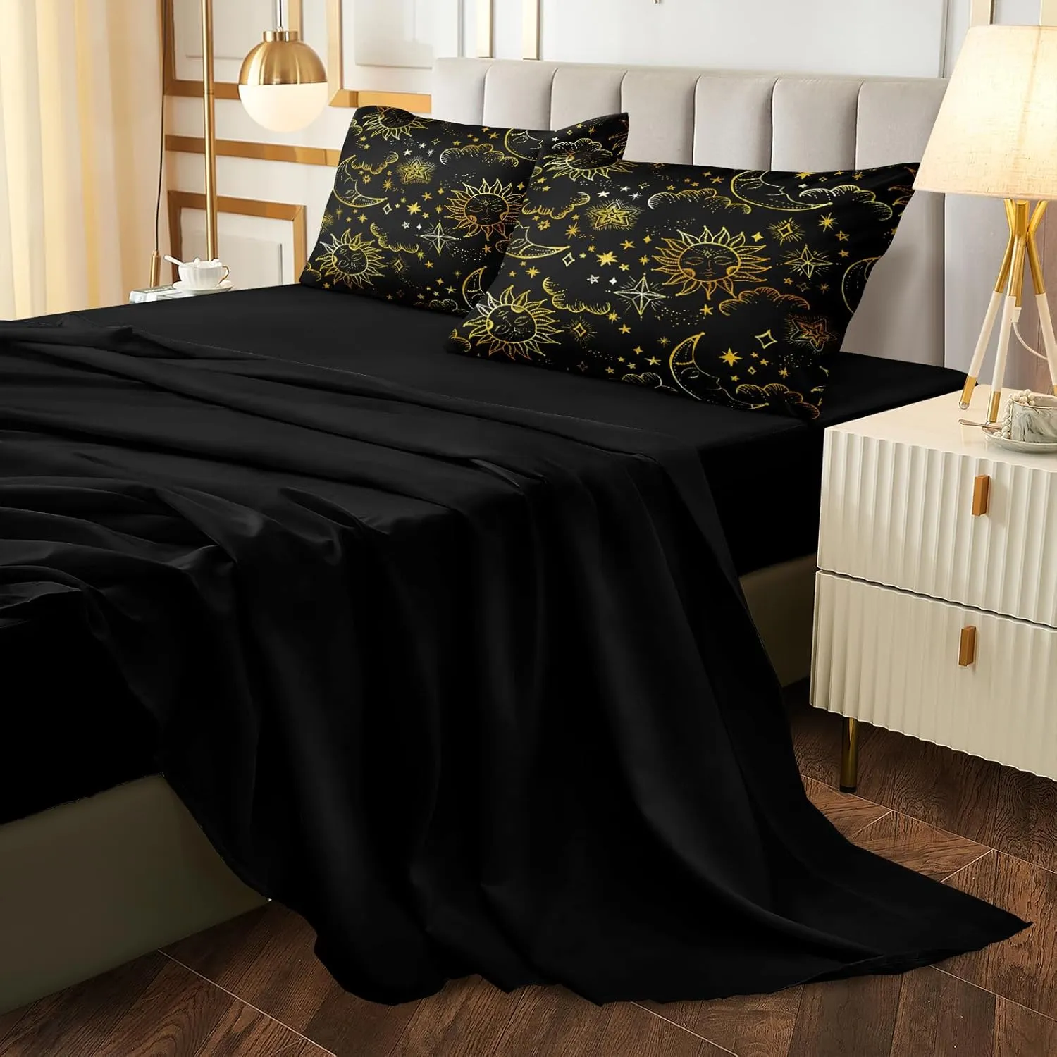 Merryword 8 Pcs Universe Bed in a Bag Sun and Moon Comforter Set King Size Galaxy Bedding Black Gold Moon Star Pattern Bohemian Gothic Comforter Set
