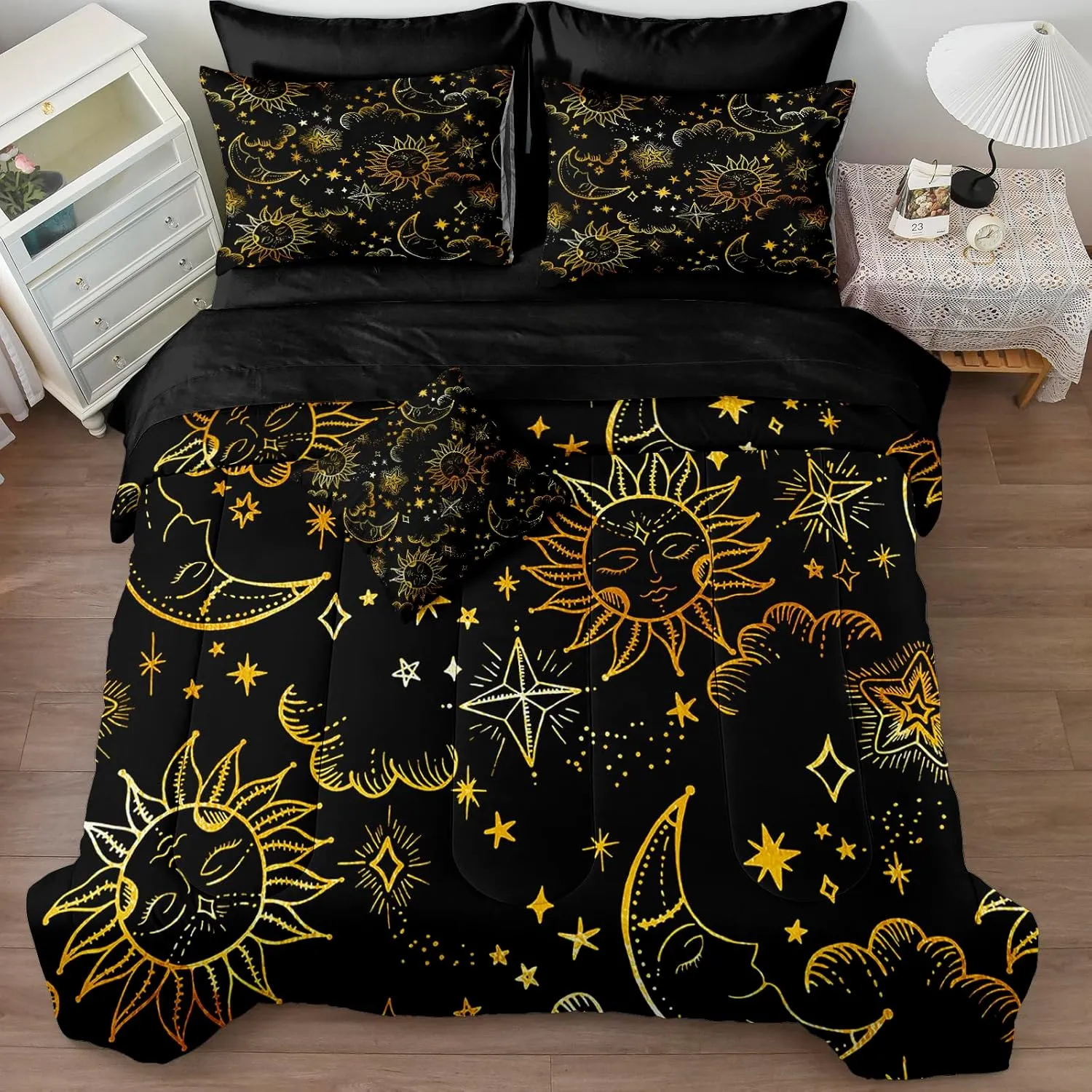 Merryword 8 Pcs Universe Bed in a Bag Sun and Moon Comforter Set King Size Galaxy Bedding Black Gold Moon Star Pattern Bohemian Gothic Comforter Set