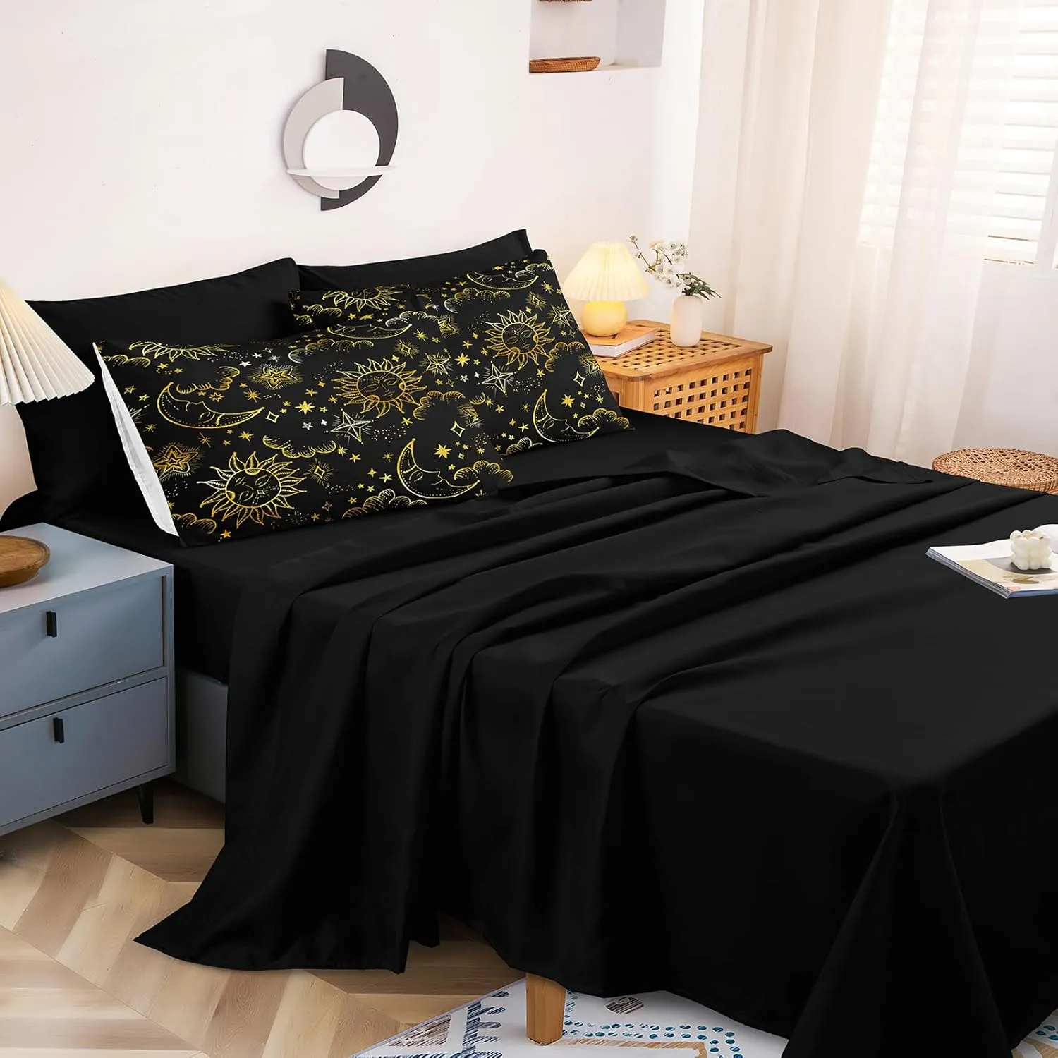 Merryword 8 Pcs Universe Bed in a Bag Sun and Moon Comforter Set King Size Galaxy Bedding Black Gold Moon Star Pattern Bohemian Gothic Comforter Set