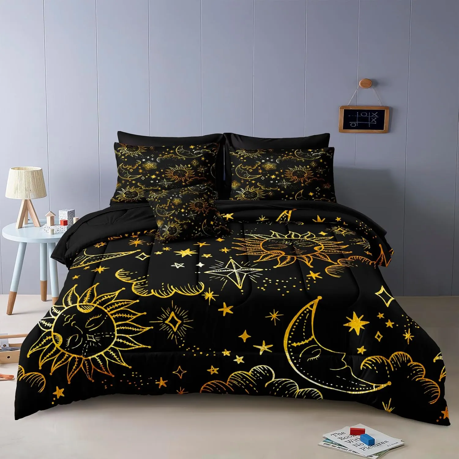 Merryword 8 Pcs Universe Bed in a Bag Sun and Moon Comforter Set King Size Galaxy Bedding Black Gold Moon Star Pattern Bohemian Gothic Comforter Set