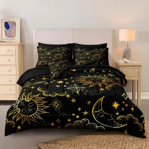 Merryword 8 Pcs Universe Bed in a Bag Sun and Moon Comforter Set King Size Galaxy Bedding Black Gold Moon Star Pattern Bohemian Gothic Comforter Set