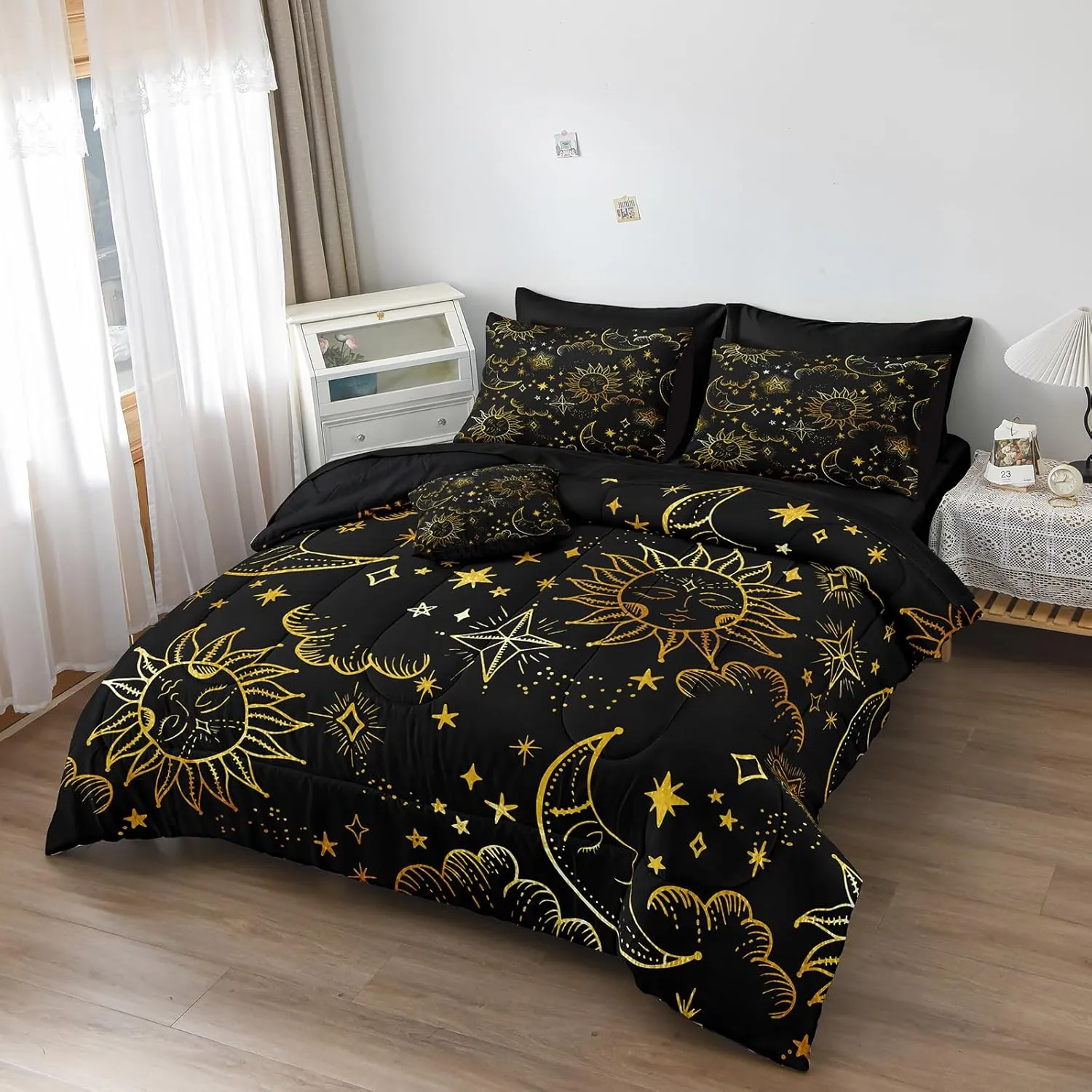 Merryword 8 Pcs Universe Bed in a Bag Sun and Moon Comforter Set King Size Galaxy Bedding Black Gold Moon Star Pattern Bohemian Gothic Comforter Set