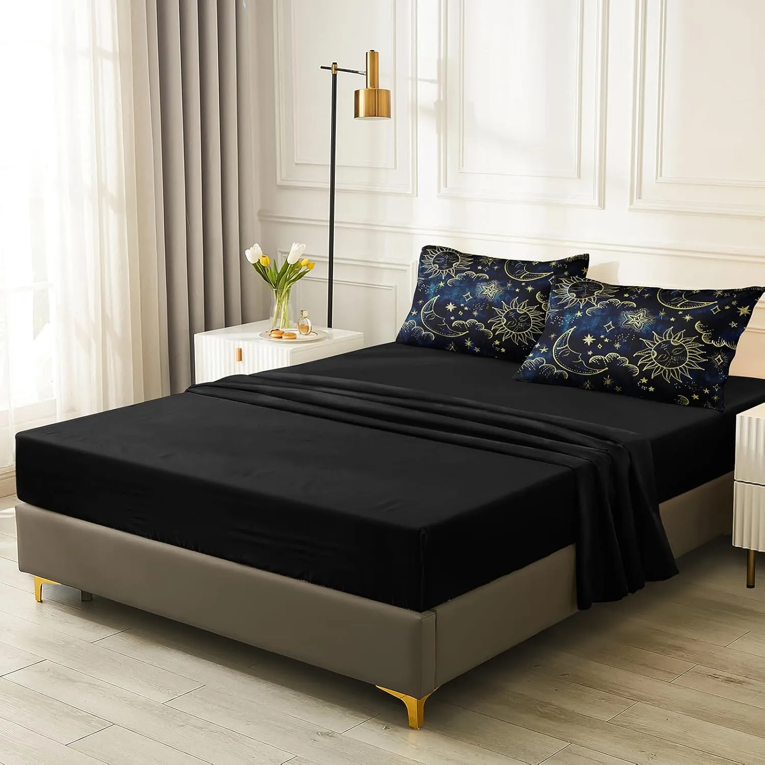 Merryword 8 Pieces Universe Bed in a Bag Sun and Moon Comforter Set Queen Size Galaxy Bedding Blue Gold Moon Star Pattern Bohemian Gothic Comforter Set for Boys Girls Women