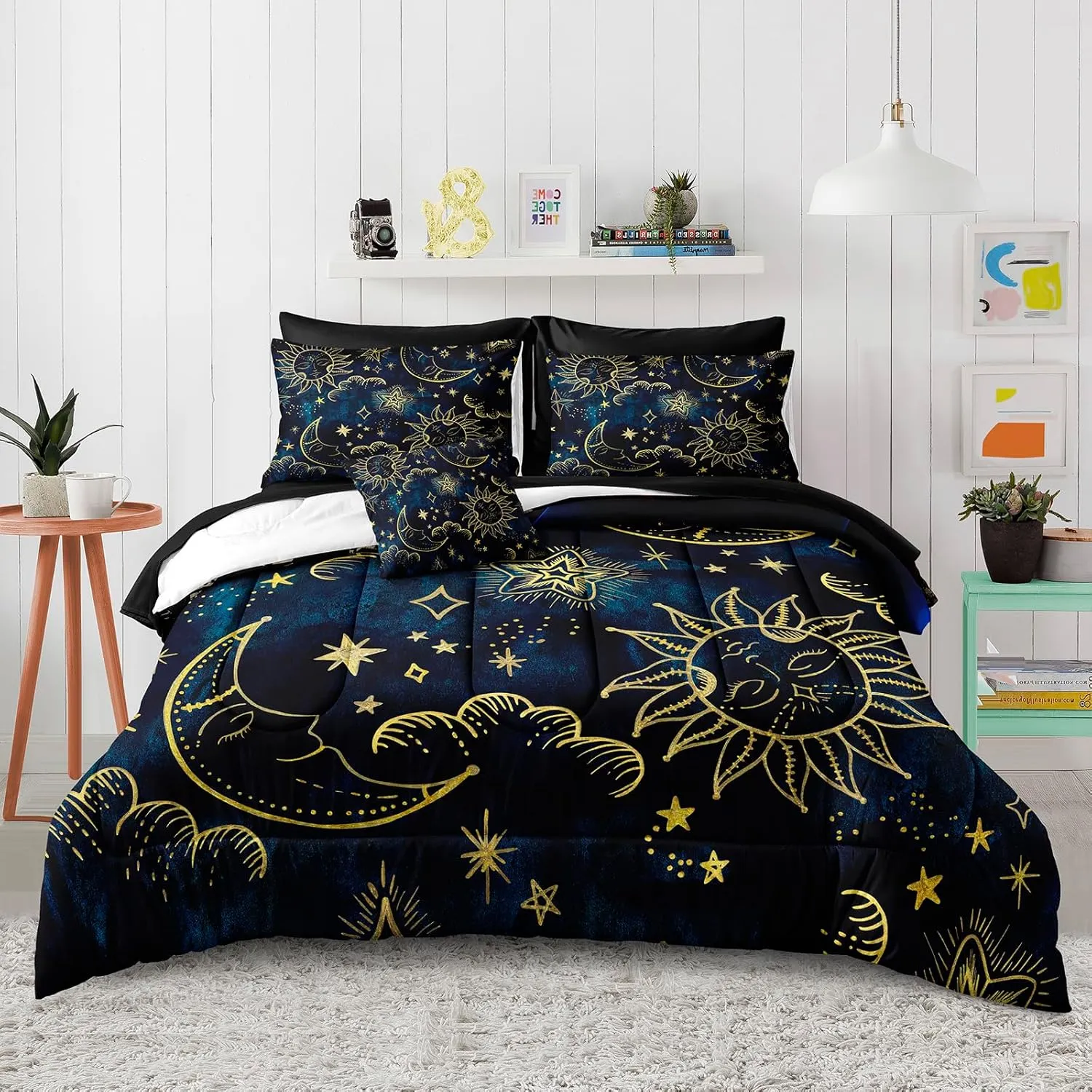 Merryword 8 Pieces Universe Bed in a Bag Sun and Moon Comforter Set Queen Size Galaxy Bedding Blue Gold Moon Star Pattern Bohemian Gothic Comforter Set for Boys Girls Women