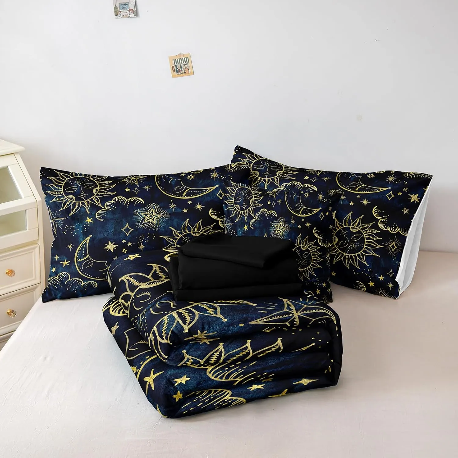 Merryword 8 Pieces Universe Bed in a Bag Sun and Moon Comforter Set Queen Size Galaxy Bedding Blue Gold Moon Star Pattern Bohemian Gothic Comforter Set for Boys Girls Women