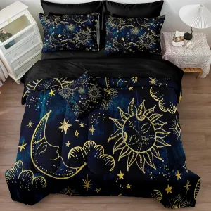 Merryword 8 Pieces Universe Bed in a Bag Sun and Moon Comforter Set Queen Size Galaxy Bedding Blue Gold Moon Star Pattern Bohemian Gothic Comforter Set for Boys Girls Women