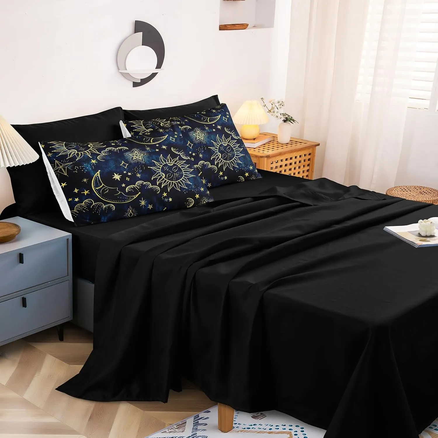 Merryword 8 Pieces Universe Bed in a Bag Sun and Moon Comforter Set Queen Size Galaxy Bedding Blue Gold Moon Star Pattern Bohemian Gothic Comforter Set for Boys Girls Women