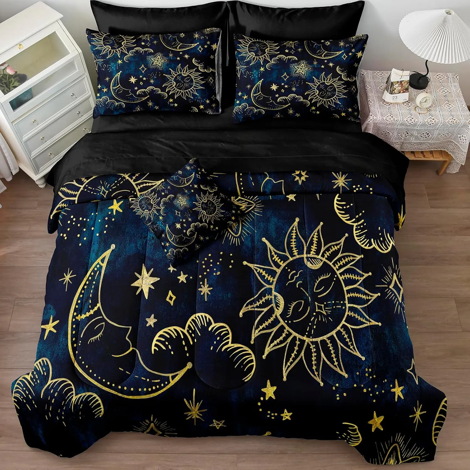Merryword 8 Pieces Universe Bed in a Bag Sun and Moon Comforter Set Queen Size Galaxy Bedding Blue Gold Moon Star Pattern Bohemian Gothic Comforter Set for Boys Girls Women