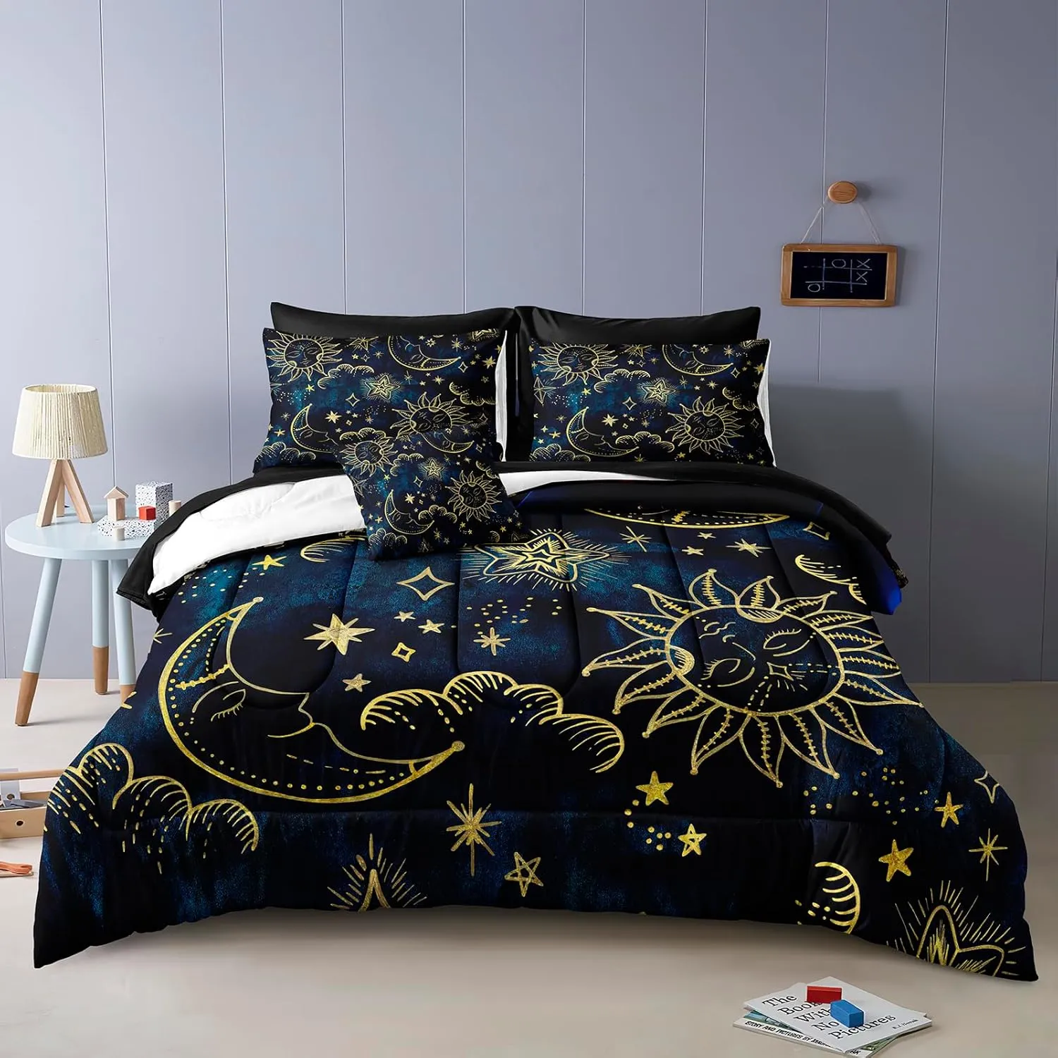 Merryword 8 Pieces Universe Bed in a Bag Sun and Moon Comforter Set Queen Size Galaxy Bedding Blue Gold Moon Star Pattern Bohemian Gothic Comforter Set for Boys Girls Women
