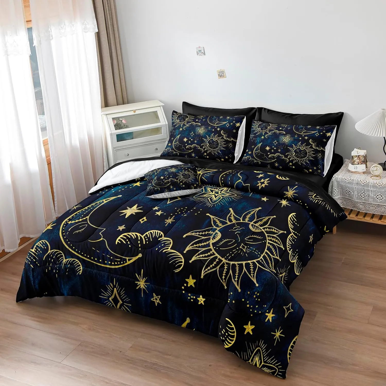 Merryword 8 Pieces Universe Bed in a Bag Sun and Moon Comforter Set Queen Size Galaxy Bedding Blue Gold Moon Star Pattern Bohemian Gothic Comforter Set for Boys Girls Women