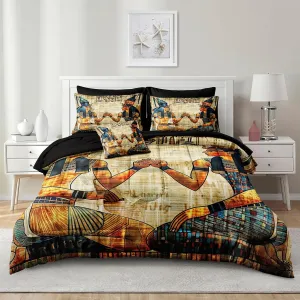 Merryword Ancient Egypt Style Comforter Set King Size 8 Pcs Bed in A Bag Pharaoh Comforter Bedding Set Vintage Egyptian Symbol Quilted Duvet Bed Set with Comforter